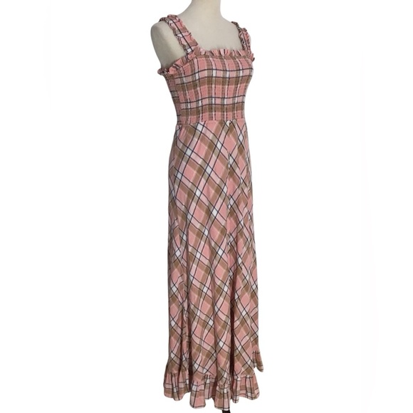 Sundays Beau Smocked Crystal Plaid Ruffle Hem Maxi Dress Cotton Linen Sz Large - Picture 10 of 10